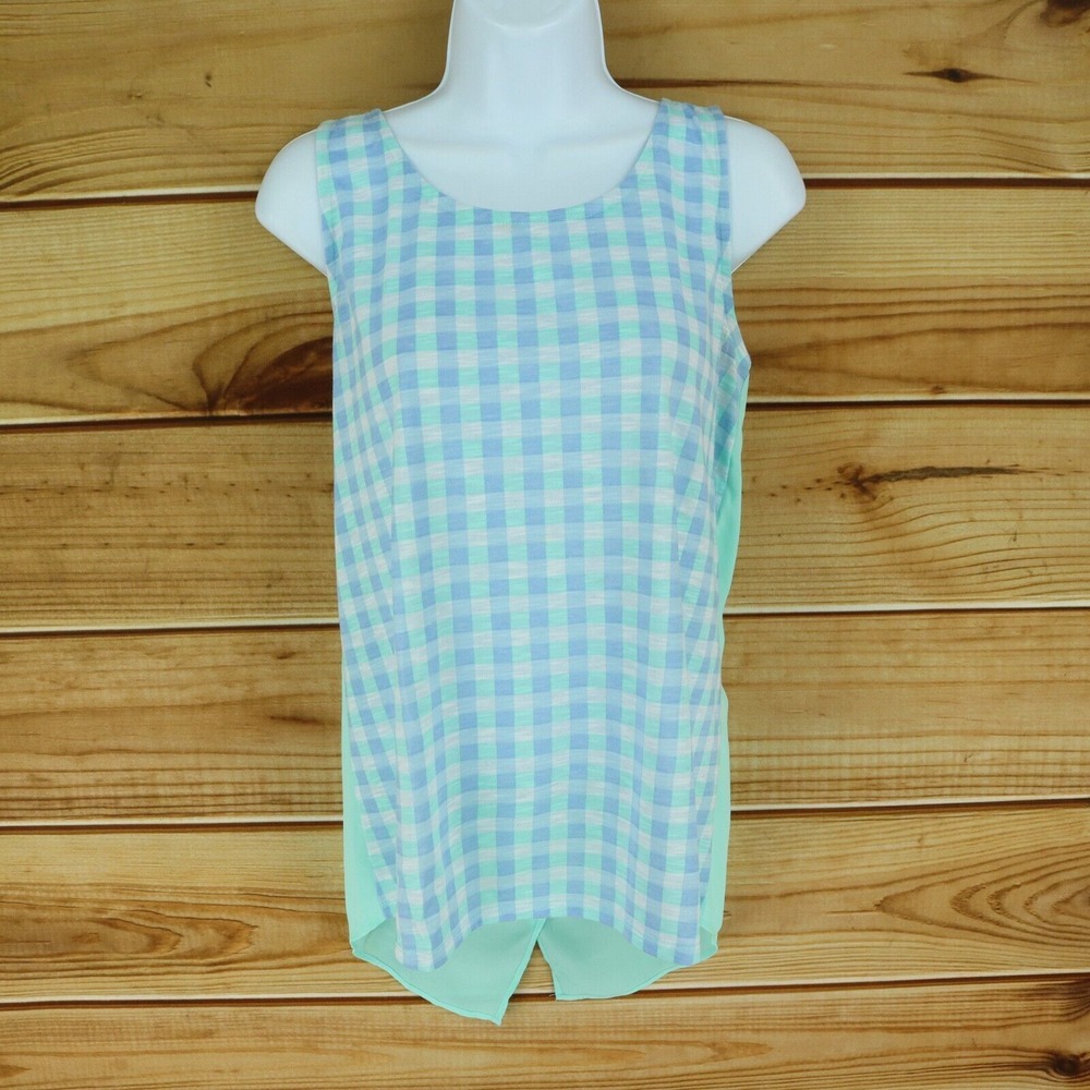 Charming Charlie Tank Top Blouse Womens Size S Green Plaid Lightweight Open Back